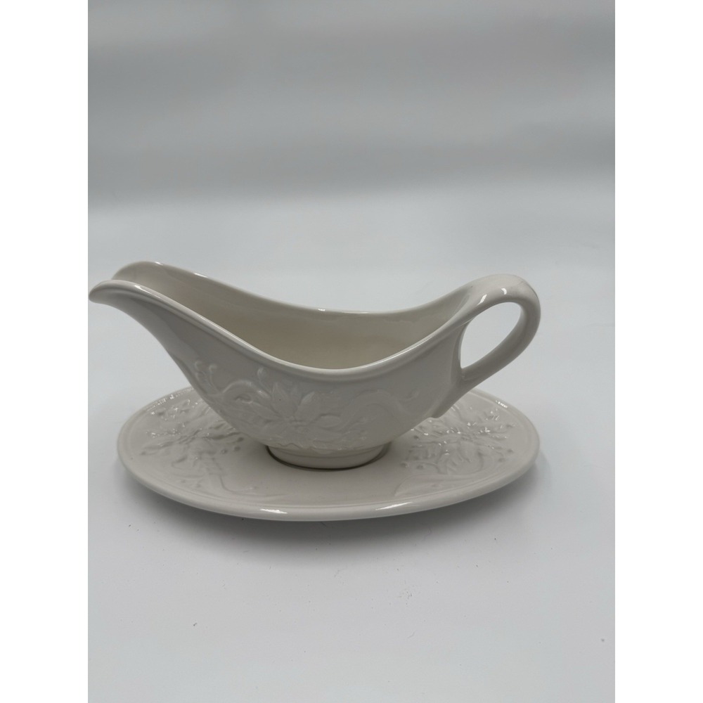 Noble Excellence Christmas Poinsettia Gravy Boat Set Ceramic White Italy